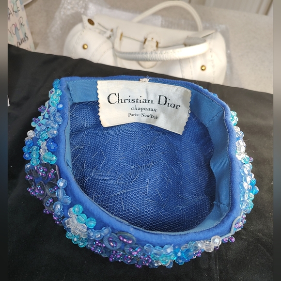 Christian Dior w COA vintage beaded HAT chapeaux BLUE 💙 excellent condition - Picture 10 of 11